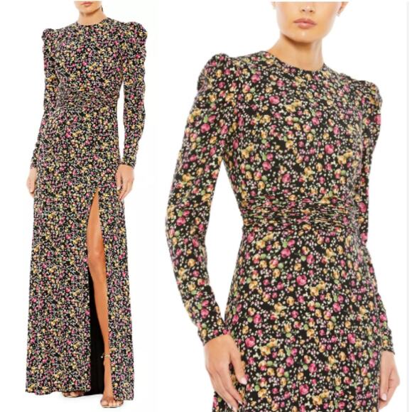 NWT Mac Duggal Floral Maxi Dress - Black, Pink, Yellow